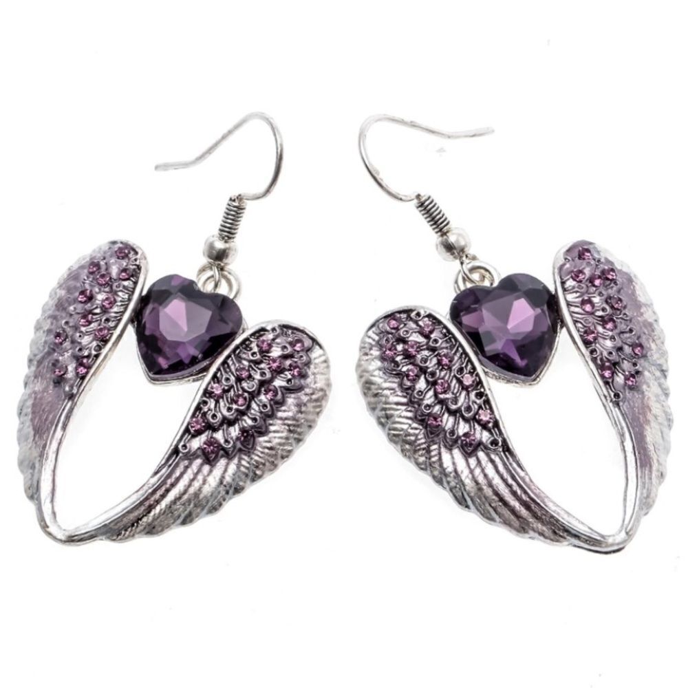 Silver with Purple Amethyst Crystal Angel Wing with Heart Dangling Hook Earrings